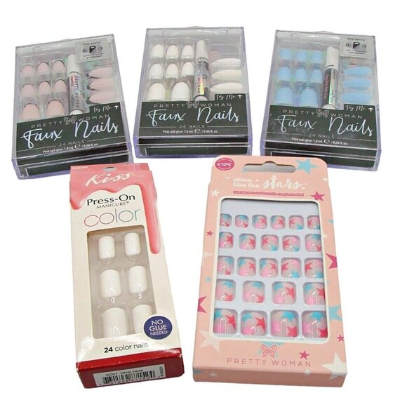 Pretty Woman and Kiss Other - Lot 5 Pretty Woman Kiss Press on Glue Nails New Box Leopard White Blue Coffin